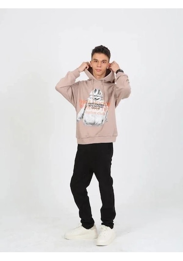 Erkek Çocuk Kapüşonlu Not Hoodies Yazılı Sweatshirt-15230 Bej