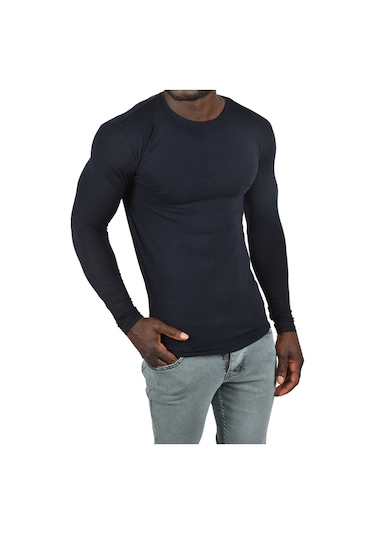 Deepsea Erkek Lacivert Uzun Kollu Dar Kalıp Ince Sıfır Yaka Sweatshirt 2300423 False Lacivert