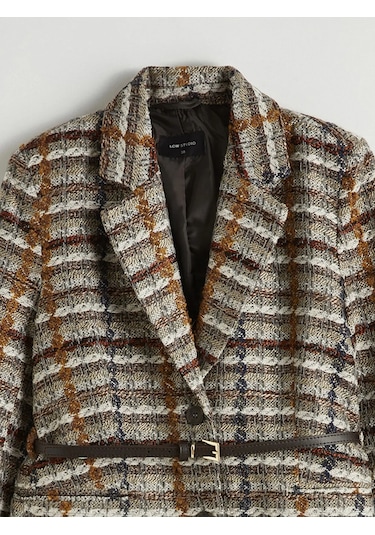 Lc Waikiki Bej Ekose Kemerli Kadın Tüvit Blazer Ceket