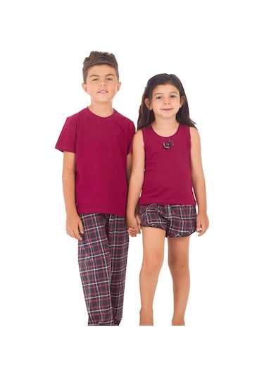 The Don Aile Bordo Ekose Desenli Kız Çocuk Şort Takımı (9-14 Yaş)