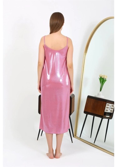 Giyim Kadın İp Askılı Uzun Parlak Micro Elbise Gecelik Pembe Pembe