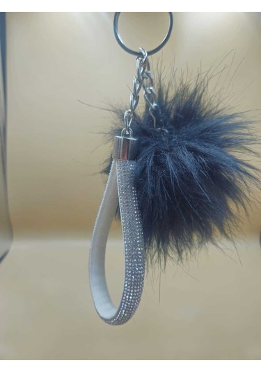 Gümüş Taşlı Tilki Tüyü Siyah Angel Anahtarlık