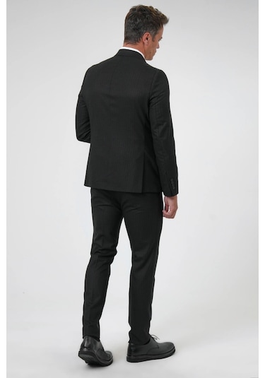 SÜVARİ Siyah Slim Fit Desenli Sivri Yaka 6 Drop Klasik Takım Elbise