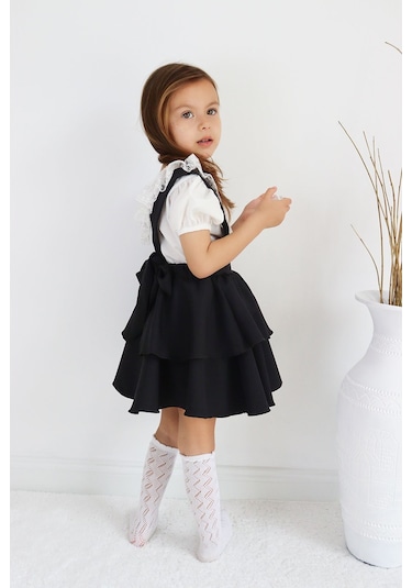 Kız Çocuk Helen Siyah Askılı Kat Kat Bağlama Jile Elbise Dantel Detay Ekru Kısa Kollu Bluz Takım