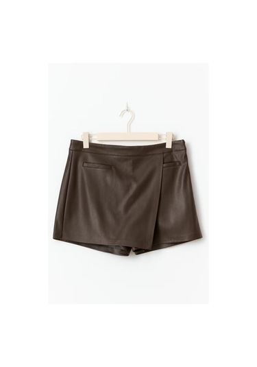 Kahverengi Kadın Deri Şort Etek Mg2521 Kahverengi