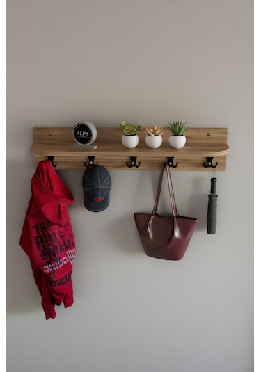 Alpa Ev Mobilya 5 Askılı Raflı Portmanto, Elbise Askılığı, Modern Duvar Organizer Askılık Atlantik Çam