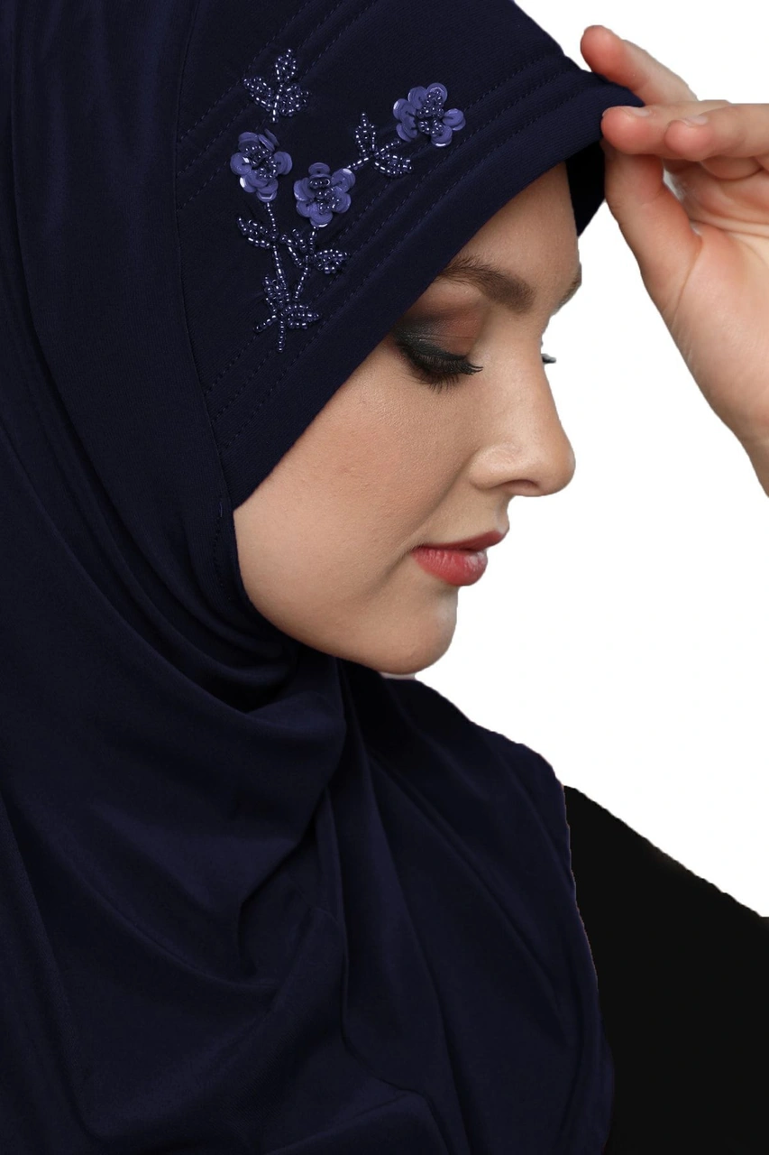 Takmatik Taşlı El Işi Boncuk Işlemeli Lacivert Hazır Türban Tesettür Bone Namaz Örtüsü Lacivert