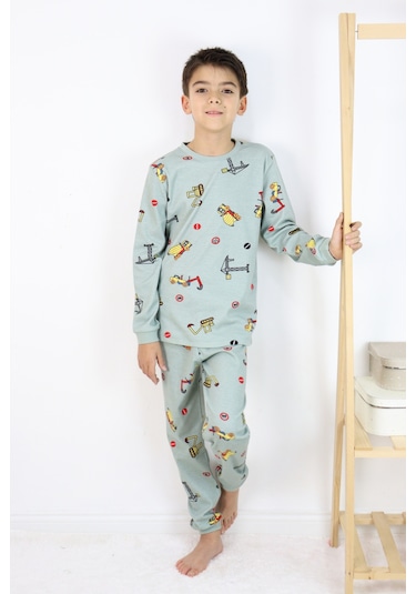 Erkek Çocuk Baskılı İnterlok Kumaş Uzun Kollu Pijama Takımı Açık Yeşil