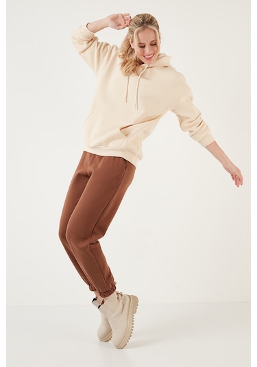 Lela Regular Fit Pamuklu Kapüşonlu Yaka Şardonlu Kışlık Bayan Sweat 5863854 Taş