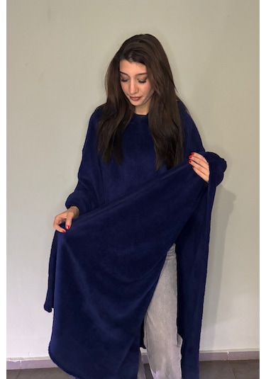 Giyilebilir Hoodie Battaniye Rahat Kalıp Tek Beden Lacivert