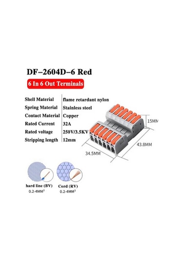 Koodmax 10 Adet Hızlı Kablo Ekleme Birleştirme Konnektörü - Altılı Klemens - Bağlantı Kesme Özellikli