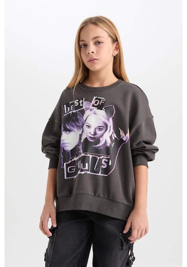 DeFacto Kız Çocuk Wednesday Oversize Geniş Kalıp Bisiklet Yaka Sweatshirt D6063A824WNAR227