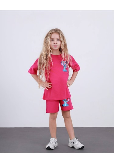 Miniko Kids Kız Çocuk Stitch Modelli Pamul Şortlu Takım Fuşya