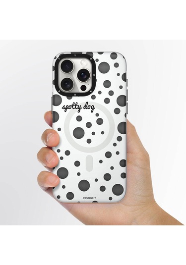 iPhone 14 Pro Uyumlu Kılıf Magsafe Özellikli Polka Dot Desenli Youngkit Spots Serisi Kapak Pembe