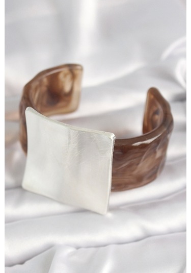 Kahverengi Mermer Desen Akrilik Plastik Gümüş Kare Plaka Model Vintage Kadın Bilezik Çok Renkli