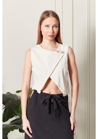 Şık Farklı Tarz Asi Keten Bluz - Modern Ve Cesur Tasarım Beyaz