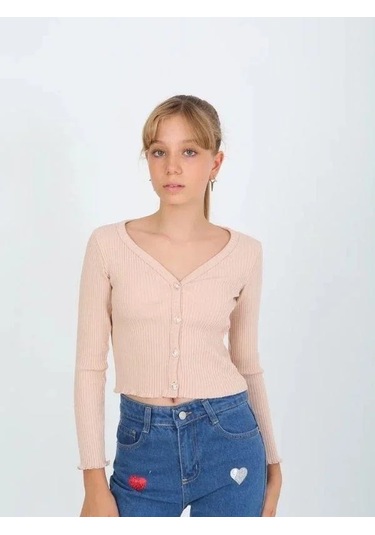 Kız Çocuk Kaşkorse Taşlı Düğmeli Hırka-14807 Bej