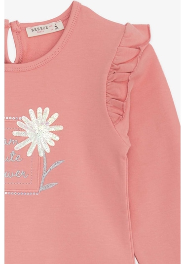 Breeze Kız Çocuk Uzun Kollu Elbise Pullu Çiçek Baskılı 3-8 Yaş, Gülkurusu