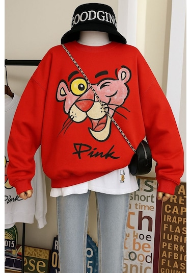 Benroma 3 İplik Penye Pink Baskılı Unisex Sweatshırt Kırmızı