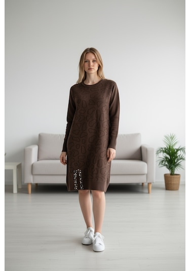 Kadın Önü Desenli Etek Yan Ucu Boncuklu Düşük Kol Tunik Kahverengi