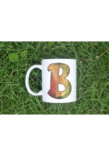 B Harf Yaprak Renkleri İle Kupa Bardak - Kişiye Özel Alfabe Harfli Bardak - Hediye Beyaz