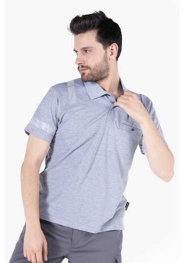 Polo Yaka Reflektörlü T-shirt Gri Melanj