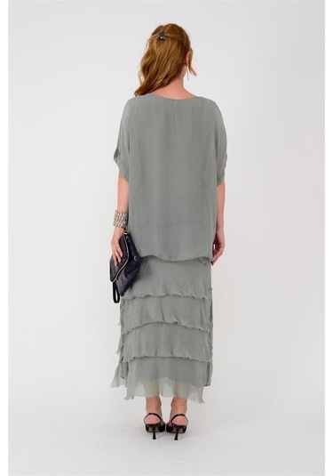 İtalyan 2 Beden İnce Gösteren Yarım Kol Kat Kat Ipek Elbise Açık Haki