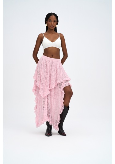 Mireya Asimetrik Pembe Dantel Etek Pembe
