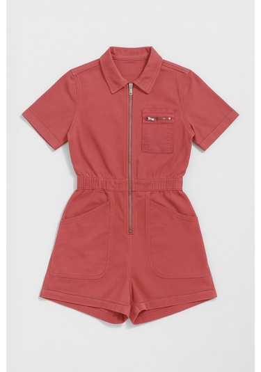 Kadın Kısa Kollu Fermuarlı Beli Lastikli Jean Tulum Şort Pembe