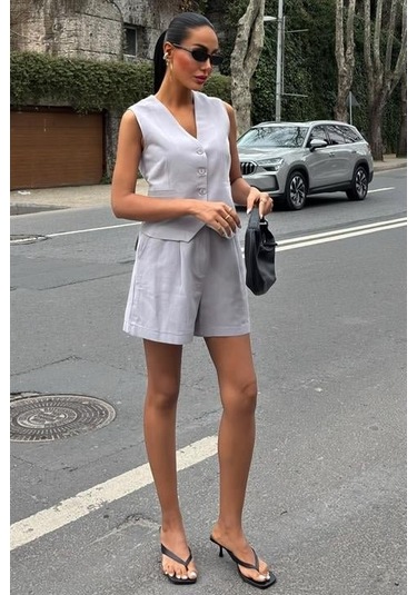 Yelek Şort Flamlı Keten Takım 10133-17 Gri