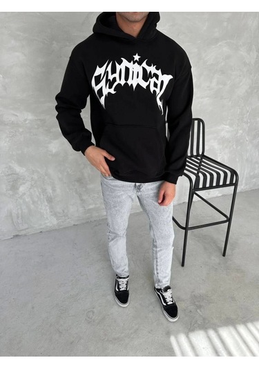 Efnaz Style Unisex Üç İplik Kapşonlu Baskılı Sweatshirt - Siyah