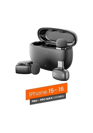 Plentiful Profesyonel Kablosuz Yaka Mikrofonu İphone 15/16 Uyumlu 2 Mikrofonlu Type-c 1072