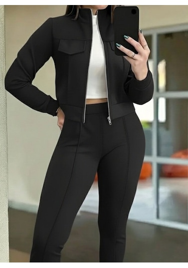 S-pazarım Kadın Uzun Kollu Önden Fermuarlı Kısa Modal Ceket Ve Pantolon Ikili Takım Siyah