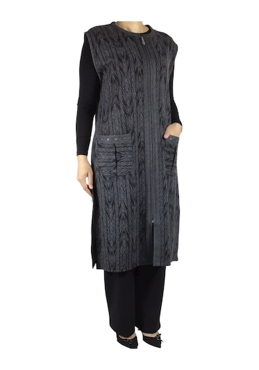 Önü Fermuarlı Desenli Cepli Kalın Kışlık Yelek Siyah