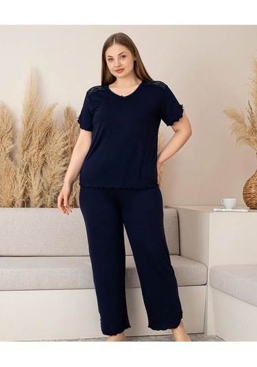 Lukitus Büyük Beden Battal Bambu Dantel Detaylı Kısa Kol Kadın Pijama Takımı Lacivert