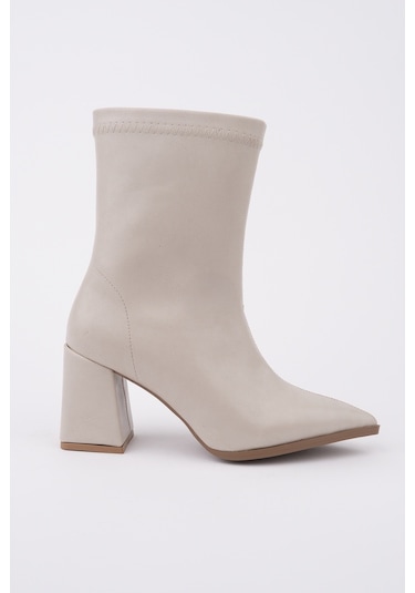 Muggo Codi Sivri Burun Kalın Topuklu Fermuarlı Kadın Bot Ten