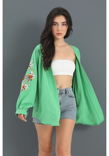Wpr Kimono Reglan Kol Nakışlı Keten - Yeşil-yeşil Yeşil