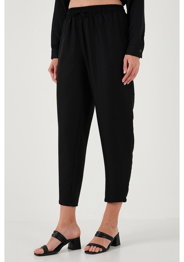 Lela Keten Karışımlı Regular Fit Lastikli Bel Uzun Kollu Alt Üst Bayan Takım 6696622 Siyah