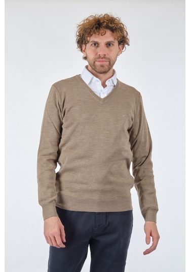 De Blasıo V Yaka Uzun Kollu Bej-Melanj Erkek Kazak 222340020 Bej Melanj