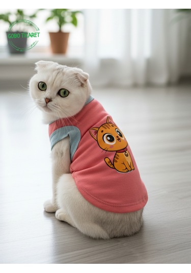 Gobo Yumuşacık Şeker Pembe Kedi Ve Köpek Kıyafeti Elbisesi Sarı Kedi Baskılı - Xs, S, M, L Beden