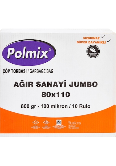 Polmix Ağır Sanayi Jumbo Boy Çöp Torbası 100 Mikron 800 G 10 Adet Siyah 80 x 110 CM