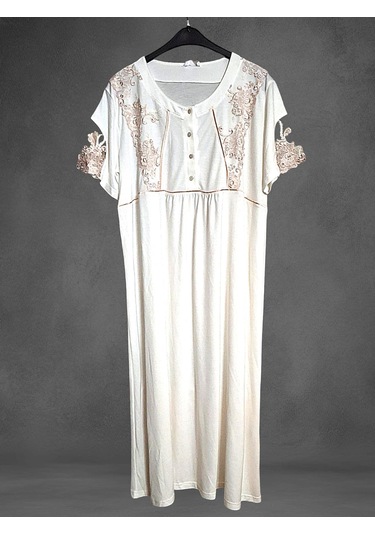Kısa Kol Dantel Detaylı Kadın Gecelik Ekru