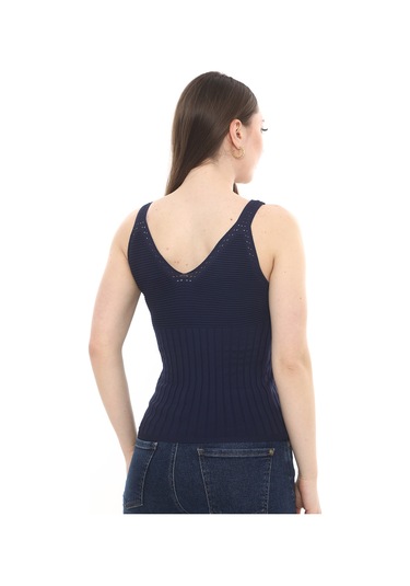 Monox Kadın Bluz V Yaka Gofre Nakışlı Yazlık Triko Atlet Lacivert