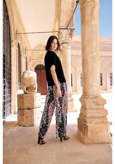 Monamise Kadın Çiçek Desenli Kısa Kollu Alt Üst Takım 23059-siyah Siyah