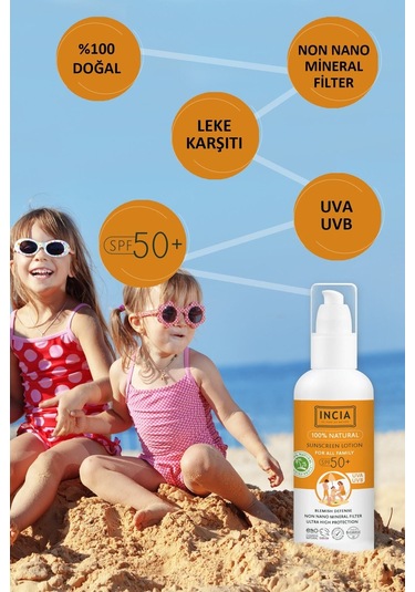 INCIA %100 Doğal Organik Tamanu Yağlı Güneş Losyonu Mineral Filtreli Tüm Aile İçin SPF 50+ 100 ML
