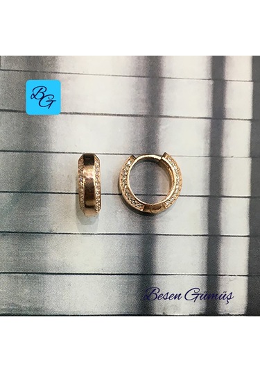 Rose Kenar Kısımları Taş Dizili Düz Halka Küpe Gümüş