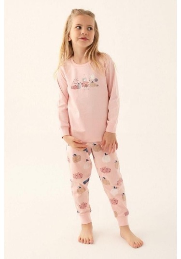 Kız Çocuk Ayıcık Baskılı Uzun Kollu Pijama Takım-16029 Pudra