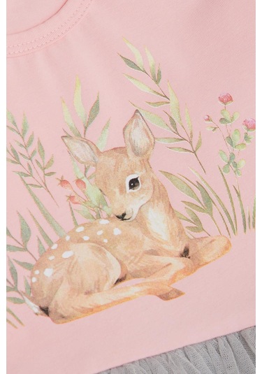 Breeze Kız Çocuk Uzun Kollu Elbise Çiçek Desenli Sevimli Ceylancık Baskılı 1.5-5 Yaş, Pembe-pembe Pembe