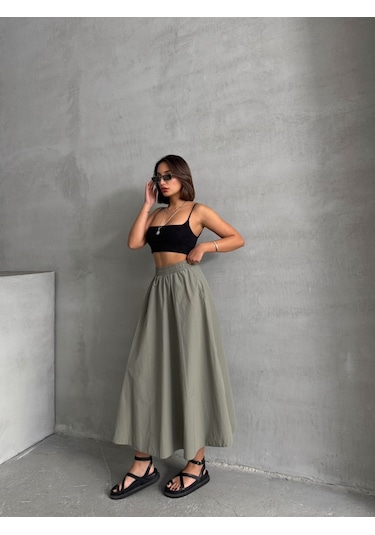 Kadın Beli Lastikli Dokuma Kloş Etek Haki Kadın Beli Lastikli Dokuma Kloş Etek Haki