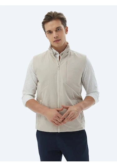 Kip Ekru Regular Fit Dik Yaka Casual Dokuma Spor Yelek Ekru